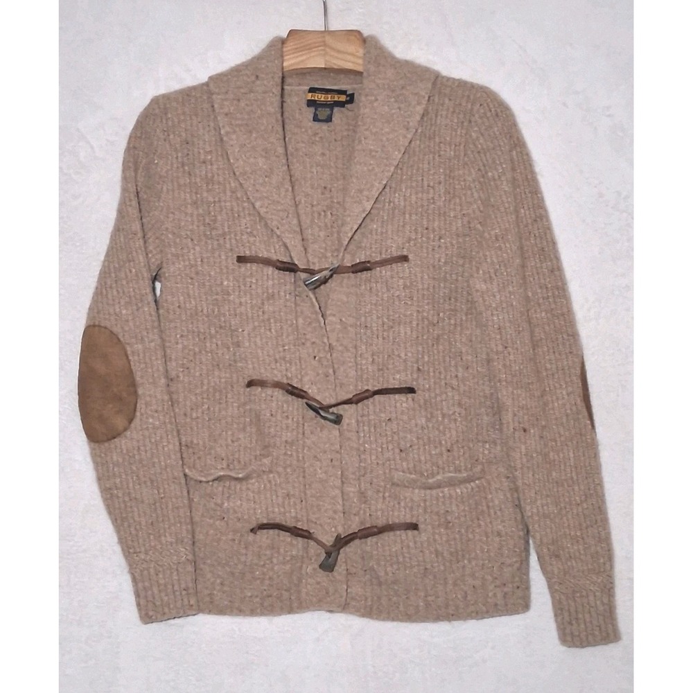 Ralph Lauren RUGBY Knit Toggle Shawl Cardigan Size M Brown Wool Elbow Patch